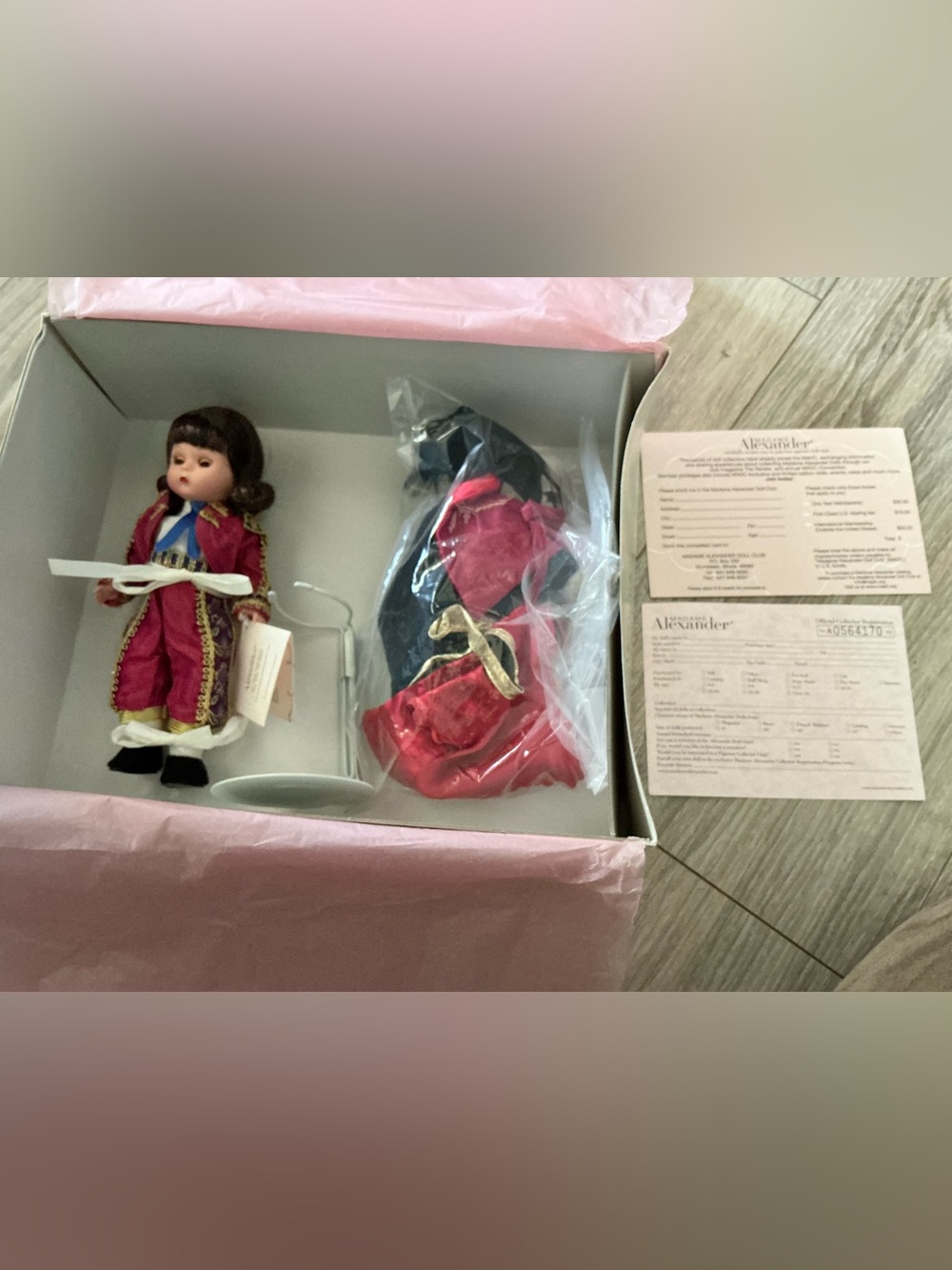 2003 Madame Alexander Spain Matador Doll 35605 w/stand, Bull, Cape, Jacket & Hat